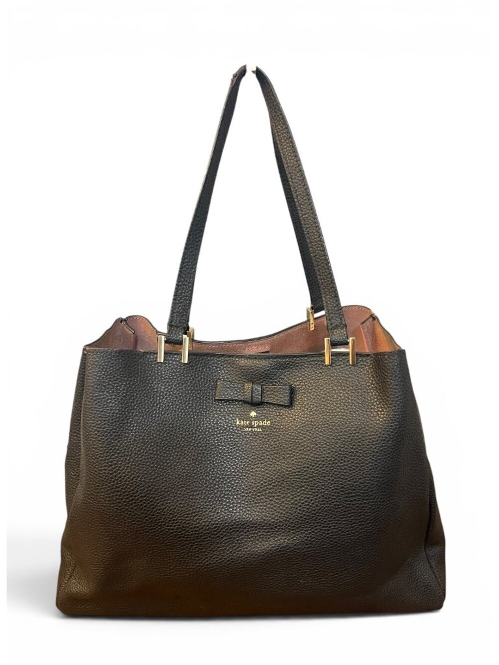 Kate Spade Black Pebbled Leather Shoulder Tote Bag With Bow Accent